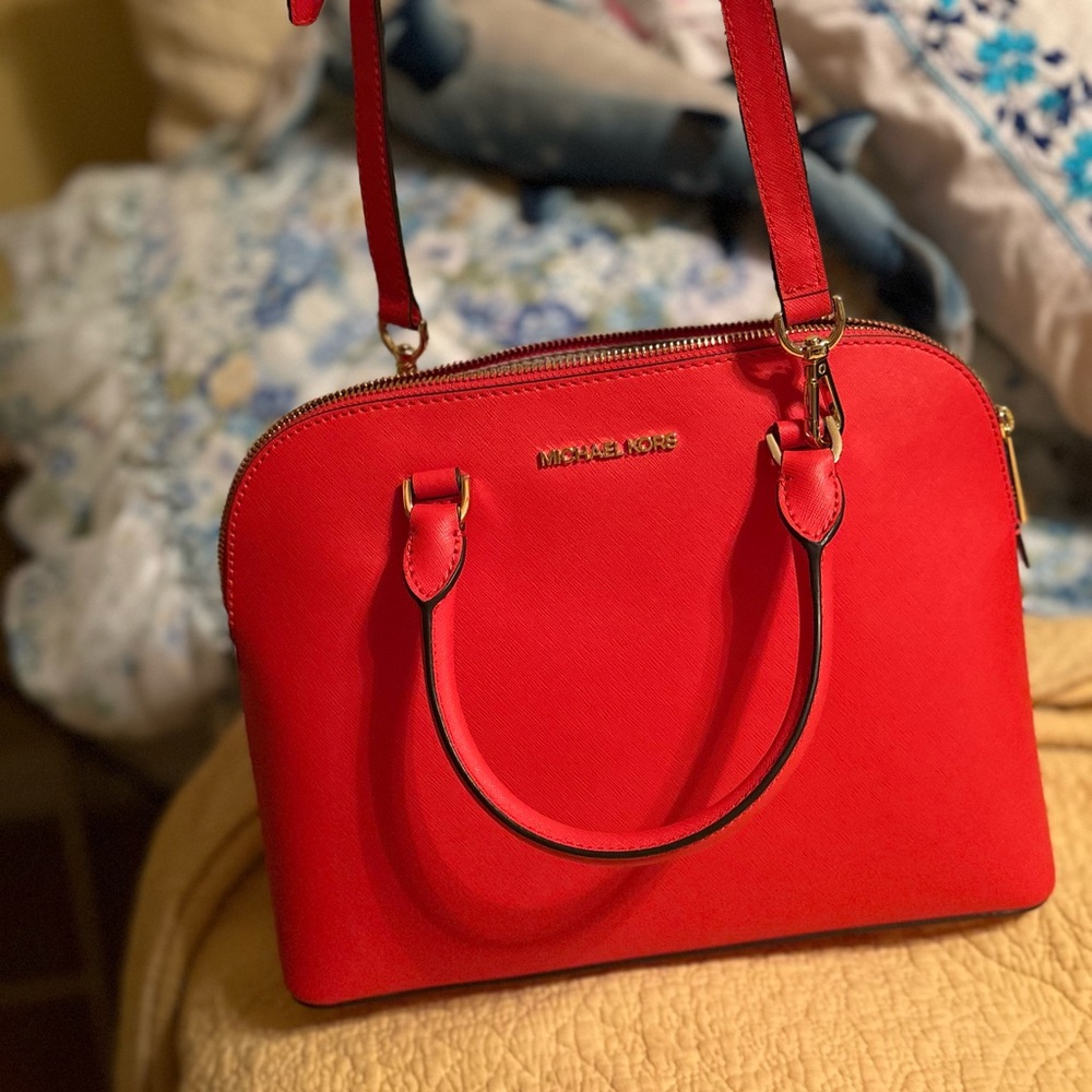 Michael Kors Red Satchel Bag with Gold Hardware
